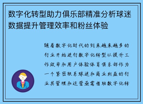 数字化转型助力俱乐部精准分析球迷数据提升管理效率和粉丝体验