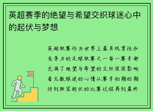 英超赛季的绝望与希望交织球迷心中的起伏与梦想 英超赛季的绝望与希望交织球迷心中的起伏与梦想