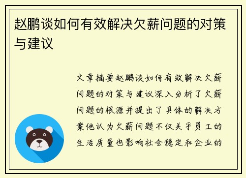 赵鹏谈如何有效解决欠薪问题的对策与建议
