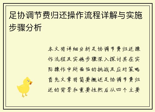 足协调节费归还操作流程详解与实施步骤分析